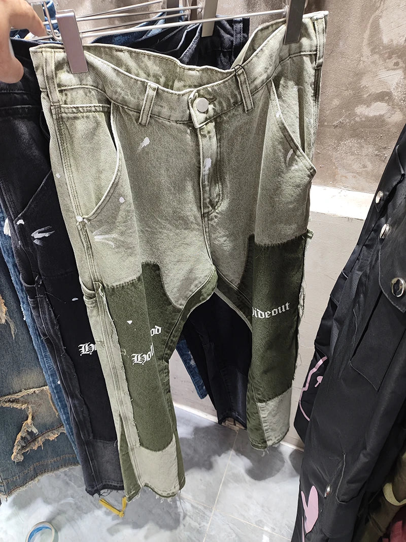 Vintage Distressed Jeans Green Graffiti Mens Flared Denim Jean Hip Hop Splash Ink Y2k Street Wear Casual Slim Fit Jean Man Pant