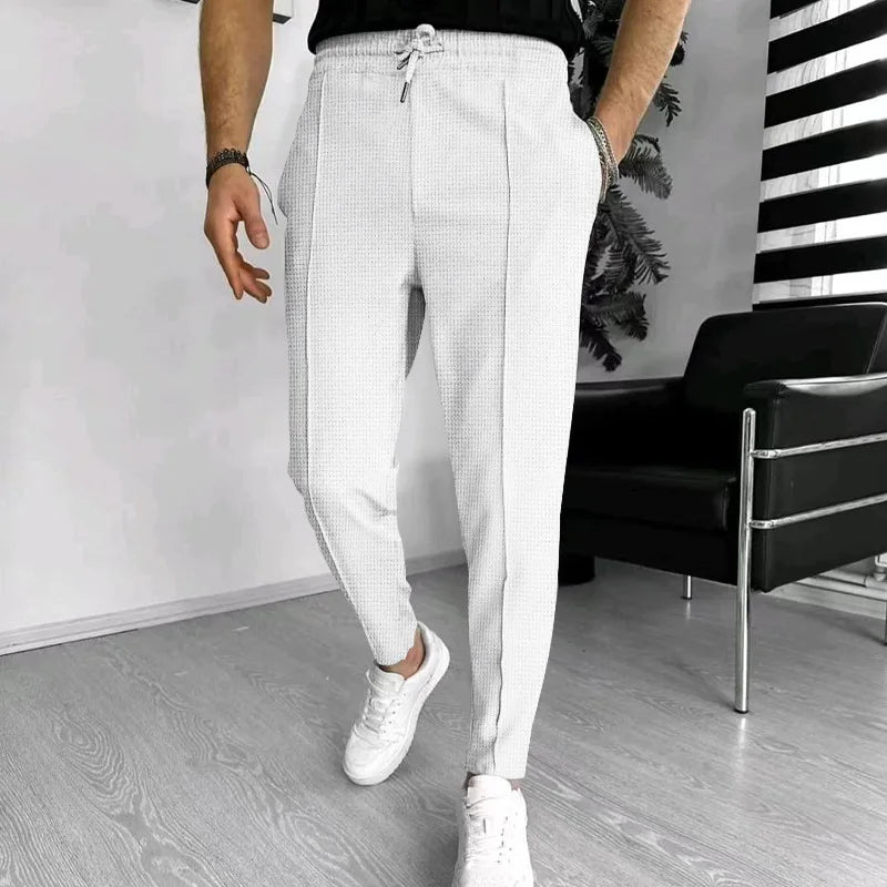 Men's Pants, Street Ruffled Solid Color Casual Waffle Pants, Four Seasons Travel New Breathable Loose Fitness Jogging Pants 2024