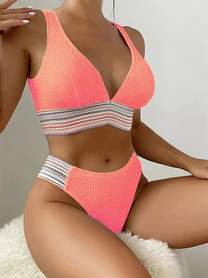 2024 Sporty Deep V Bikini Ribbed Swimsuit Solid Women Sexy Swimwear Female Bathers Bathing Swimming Swim Suit Beachwear