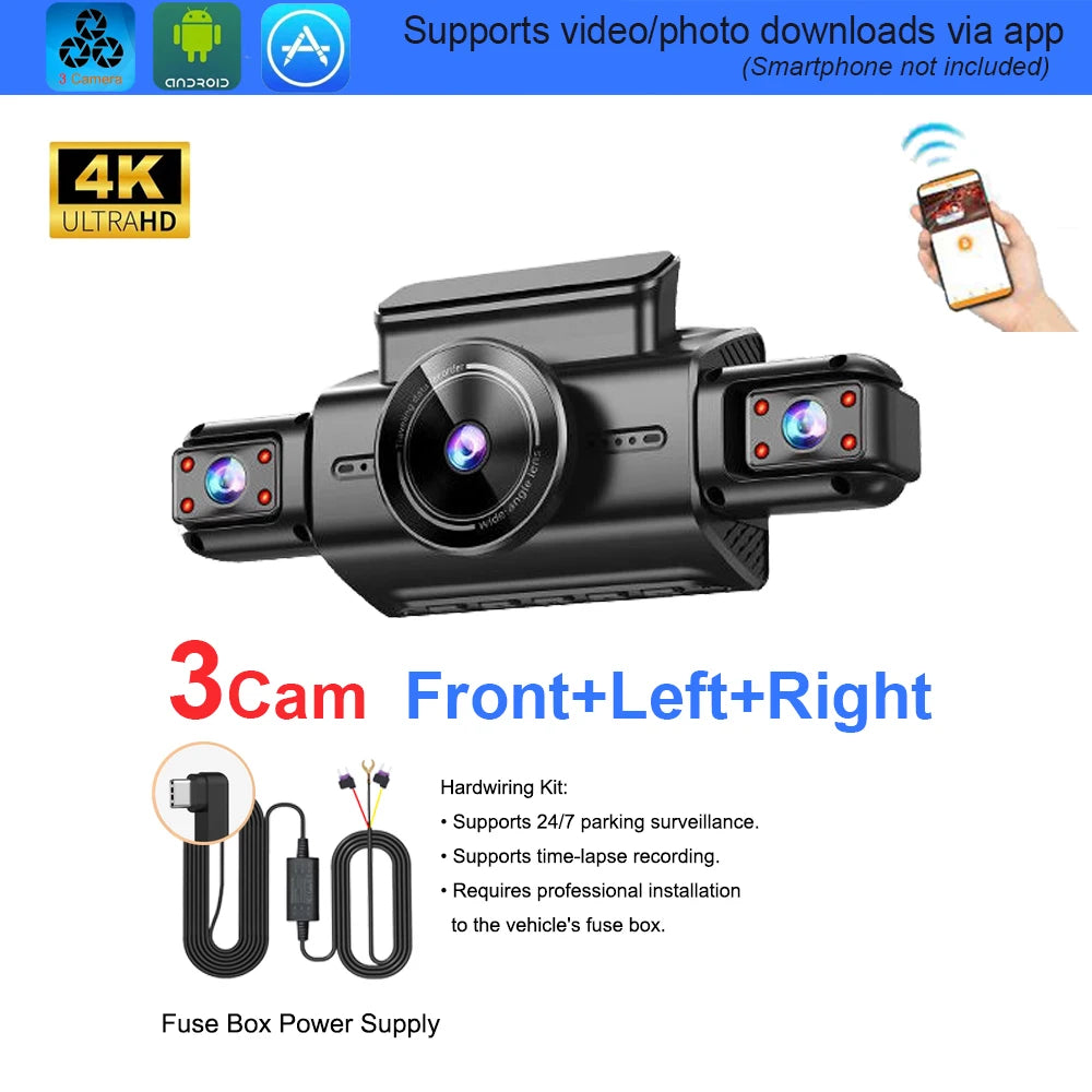 Caméra de tableau de bord cachée à 4 canaux, avec application 4K HD, Vision nocturne, moniteur de stationnement 24/7, capteur G, enregistrement en boucle, détection de mouvement, boîte noire WDR