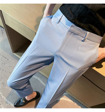 9 Color Summer Fashion Mens Suit Pants Pure Color Business Formal Pants Slim Fit Office Mens Wedding Social Ankle Long Trousers