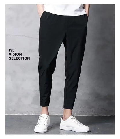 Summer Casual Men's Straight-leg Cropped Pants Ice Silk Elastic Small Foot Trendy Sports Korean Style Youth Pants