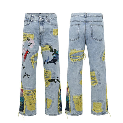 Chinese Painting Embroidered Patch Denim Ripped Jeans for Men Streetwear Washed Destroyed Pleated Straight Jean Male Tassels