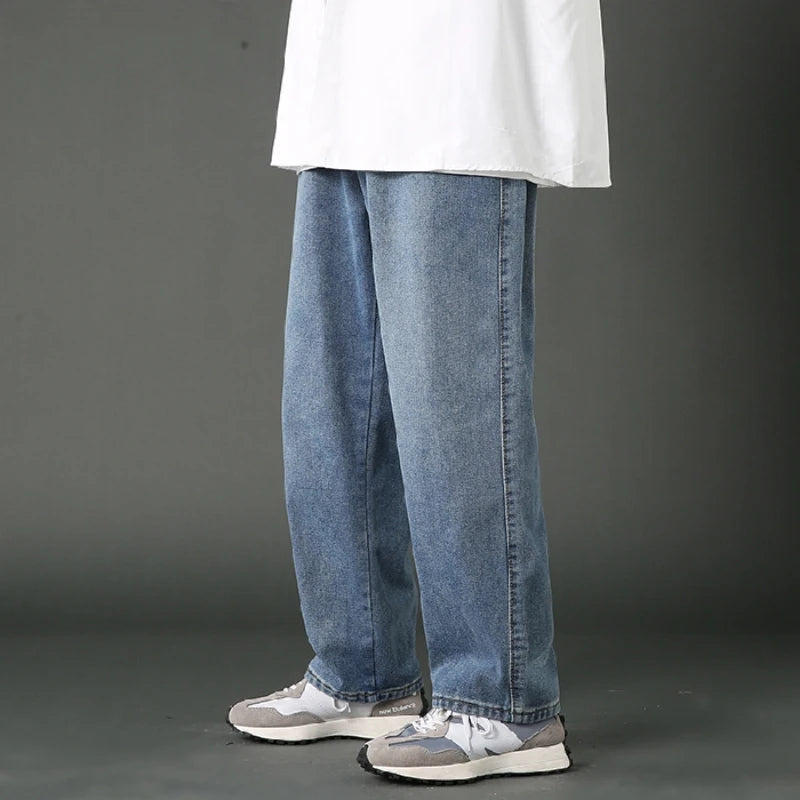 New Korean Men's Casual Long Jeans Classic Man Straight Denim Wide-leg Pants Solid Color Light Blue Grey Black 3XL