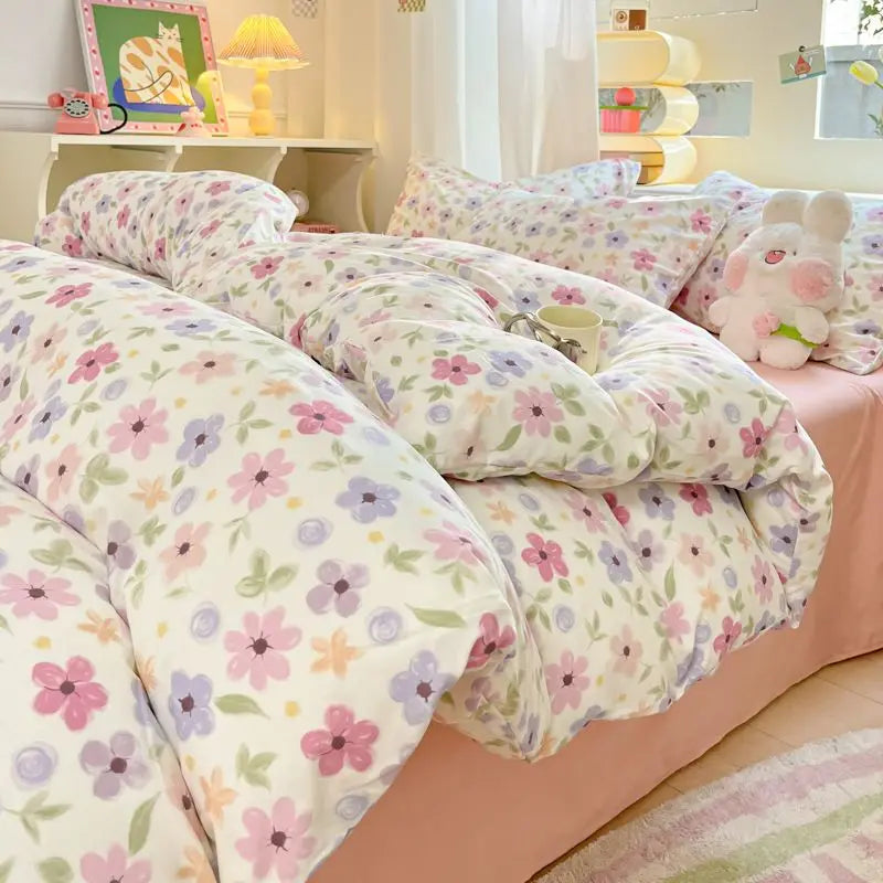 Fresh Botanical Floral Bedding Set Washed Cotton Bed Linens Single Twin Full Size Quilt Cover Sheet Set for Girls Home Textiles