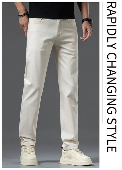 2024 New Summer Thin Men's Straight Denim Cotton Stretch Creamy-white Jeans Classic Business Pants Fashion Trousers Male Brand