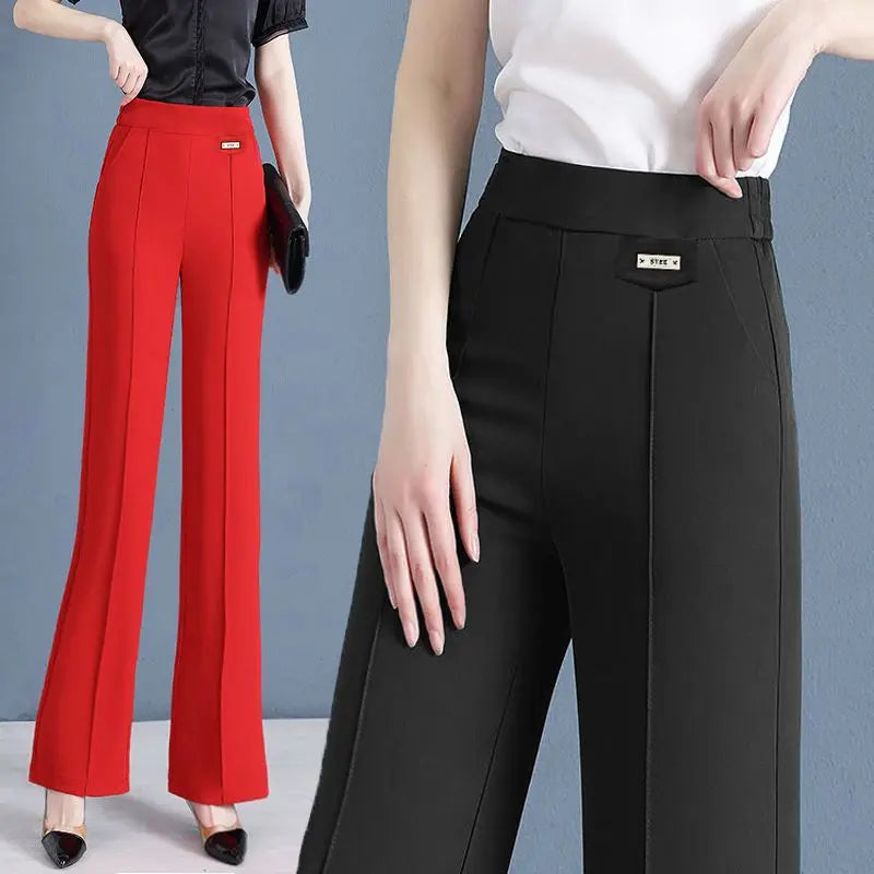 Women's Elastic Waist Solid Pocket Female Clothing Pants Spring and Autumn New High Waist Slim Flare Pants Fashion Casual Pants