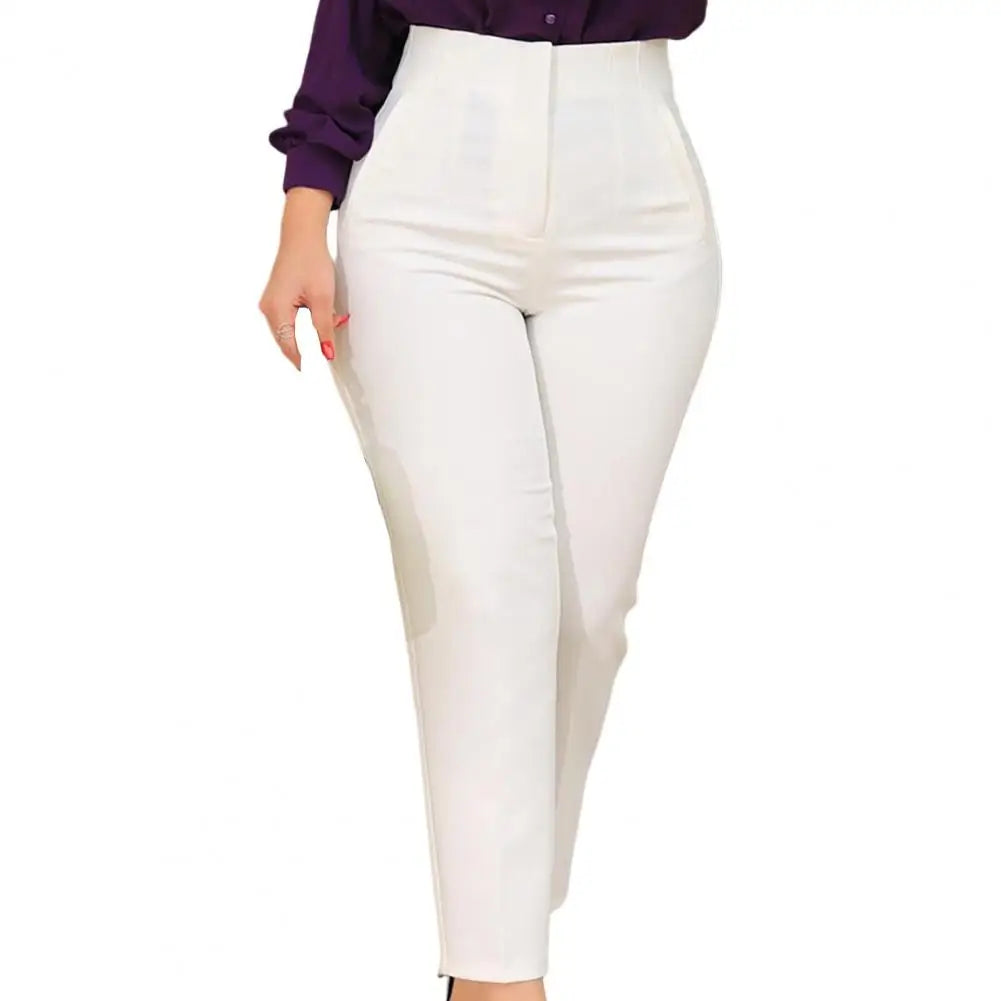 Ninth-Length Women Trousers High Waist Pleated Pockets Solid Color Straight Leg Suit Pants Ninth Trousers Office Pants