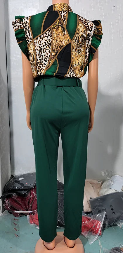 Womens Two Piece Sets Outfit Geometric Print Flutter Sleeve Top & Pants Set with Belt New Fashion 2023 Summer Casua Suit