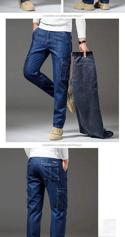 Winter Men's Cargo Jean Fleece Pants With Multi-pockets Loose Style Motorcycle Denim Trousers For Male Washed Size 29-44