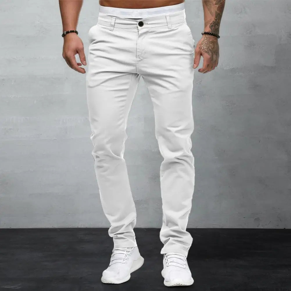 Men Pants Mid Waist Zipper Button Closure Men Long Trousers Thin Slim Fit Soft Breathable Casual Ankle Length Pencil Pants