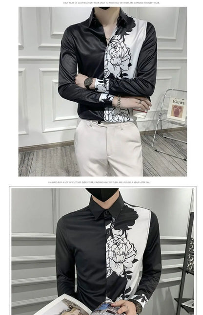 Spring Autumn New Blouse Men's Turn-down Collar Floral Printing Single Breasted Long Sleeve Shirt Fashion Casual Men's Clothing