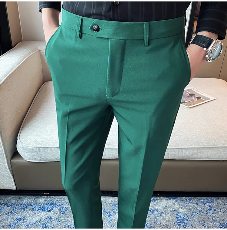 Green Elegant Elastic Mens Social Pants Skinny Cropped White Formal Stretch Pants Mens Trousers Office Slim Fit Party Club 2023