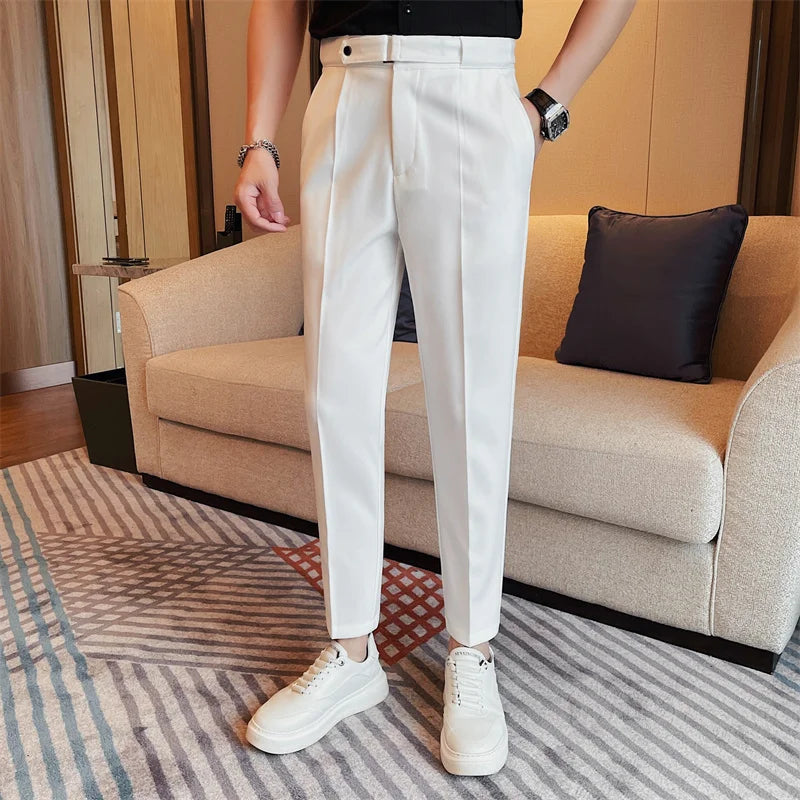 2024 Summer Fashion Belt Design Suit Pant High-waist Solid Color Business Slim Fit Formal Wedding Social Dress Ankle Pants 38-28