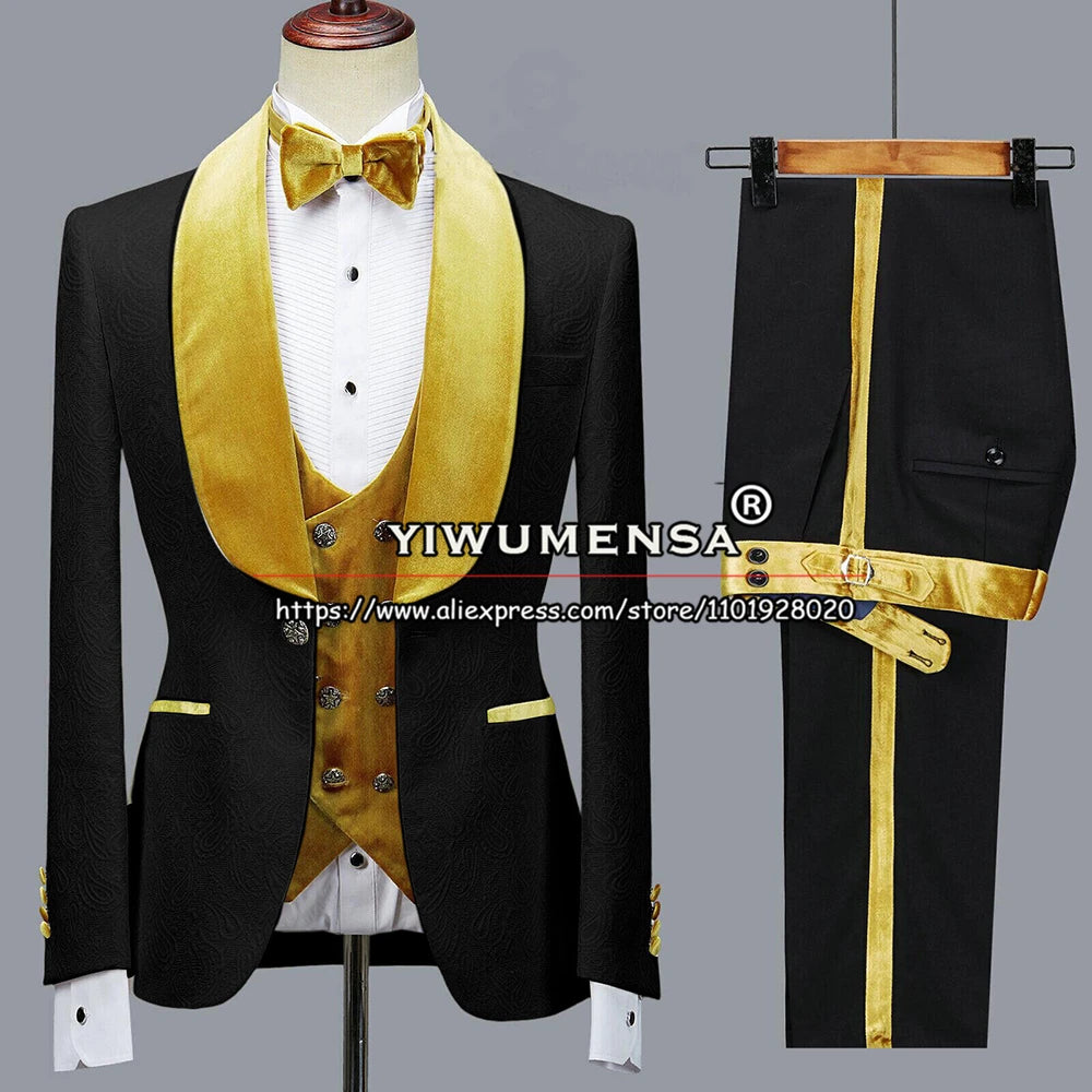 Jacquard Groom Men Suits Skinny Green Velvet Lapel Formal Wedding Tuxedos Tailore-Made 3 Pieces Prom Dress Blazer Male Clothing