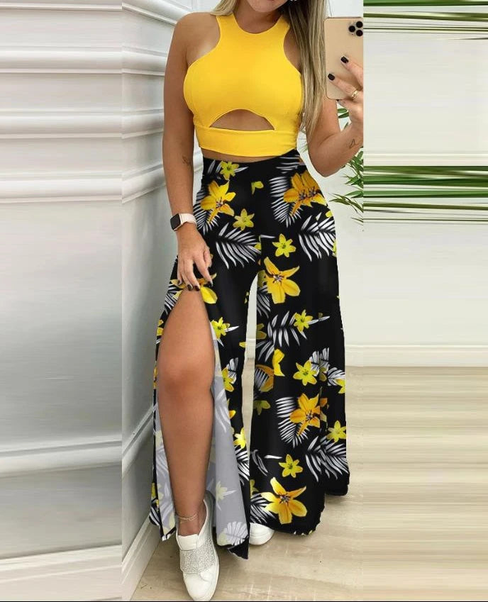 Two Piece Sets Womens Outifits 2024 Summer Print Temperament Sleeveless Slim Top & Casual High Waist Fashion Wide Leg Pants Set