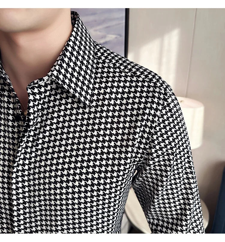 High Quality Vintage Houndstooth Long Sleeve Social Shirts For Men Clothing 2024 Business Slim Fit Casual Prom Tuxedo Non-Iron