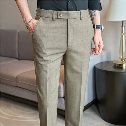 Men Plaid Suit Pants 2024 Autumn Item Solid Casual Dress Pants Elastic Slim Fit Formal Trousers Men Clothing pantalones hombre