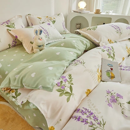 4 Pieces Bedding Set Country Romantic Lavender Flower Duvet Cover Set Purple Yellow Floral Quilt Cover Microfiber Bedspread Set