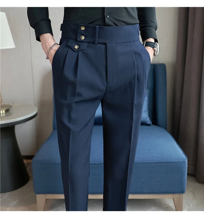 British Style Pants Men High Waist Belt Design Casual Slim Formal Office Dress Pant Men Social Wedding Party Dress Suit Trousers