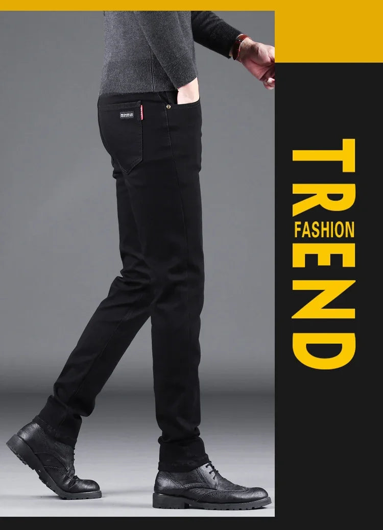 Spring Autumn New Men's Pure Black Slim Jeans Elastic Straight Pants Business Fashion Leisure Korean Vintage Denim Pants Male