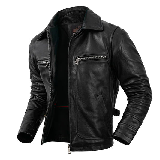 Pure Top Layer Cowhide Genuine Leather Jacket Men's Slim Fit  Lapel Motorcycle Jackets Classical Black Zipper Leather Coat