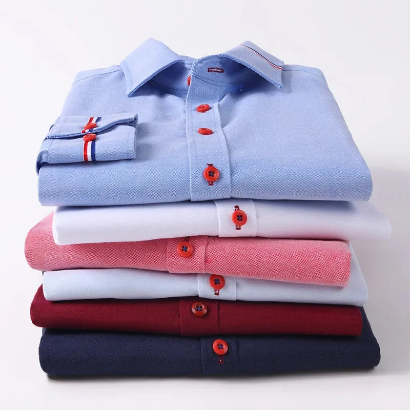 Men's Long Sleeve Oxford Striped Casual Shirt Front Patch Regular-fit Button Down Collar Dress Shirts Camisetas Men Clothing