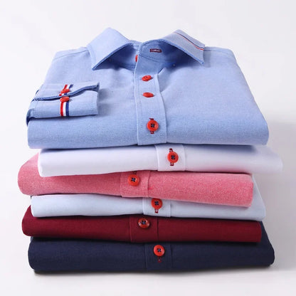 Men's Long Sleeve Oxford Striped Casual Shirt Front Patch Regular-fit Button Down Collar Dress Shirts Camisetas Men Clothing