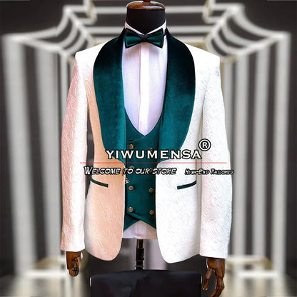 Latest Men Suits White Jacquard Black Velvet Lapel Blazer Sets Formal Wedding Groomsman Tuxedo Tailor-Made Man Marriage Clothing