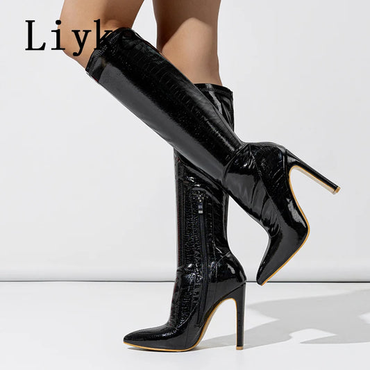 Liyke Autumn Winter Knee High Boots Women Black Snake Print Leather Pointed Toe Party Stripper High Heels Zip Long Shoes Female