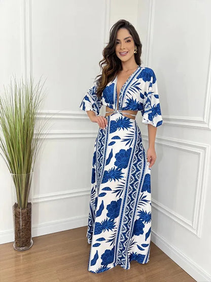 Sexy Printed Long Dresses Deep V-neck Women Hollow Out Lace-up Bat Half Sleeve Vacation Dress Spring Summer New Bohemian Style