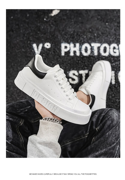 HKDQ Fashion Design White Sneakers Men Comfortable Leather Low-cut Platform Sneakers Men Trend Casual Lace-up Men's Skate Shoes