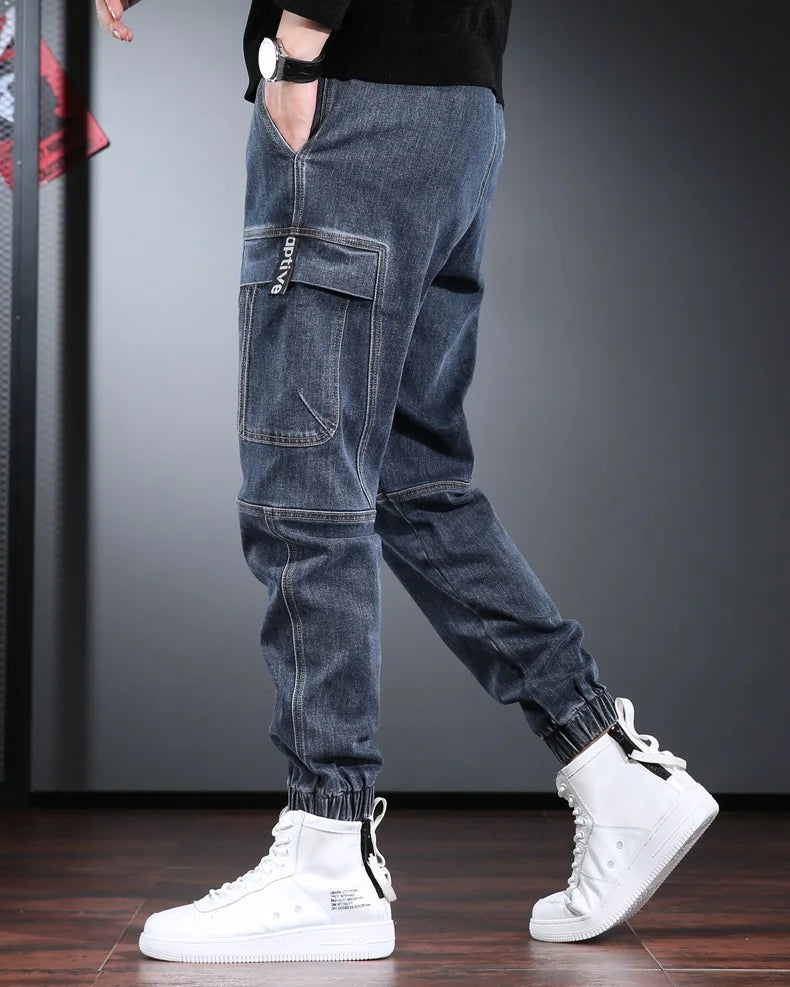 Autumn Jeans Men Baggy Cargo Pants Streetwear Hip Hop Casual Blue Gray Elastic Waist Denim Trousers CP2013