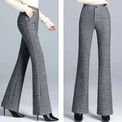 Office Lady Fashion Thicken Wool Flare Pants Autumn Winter New Korean Slim High Waist Wide Leg Women Solid Casual Suits Trousers