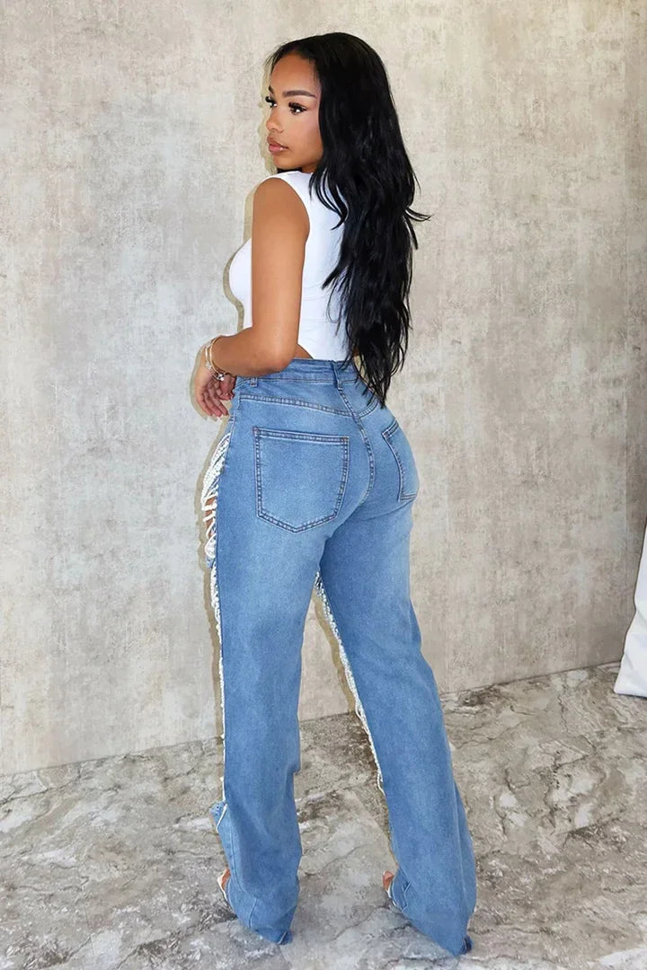 Spice Girl Summer Pants Ripped Heavy Industry Beaded Elastic Jeans Trousers Women JEANS