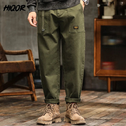 HIQOR Mens Clothing Spring Autumn Cargo Pants Man Cotton Casual Loose Trouser Belt Mid Waist Joggers Male Straight Baggy Pants