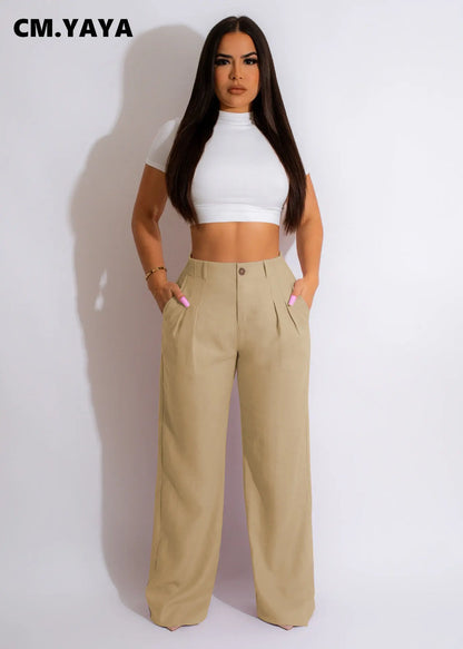 CM.YAYA Fashion Women Straight Wide Leg Zipper Fly Draped High Waist Tailored Trousers 2023 Summer OL Work Street Pants