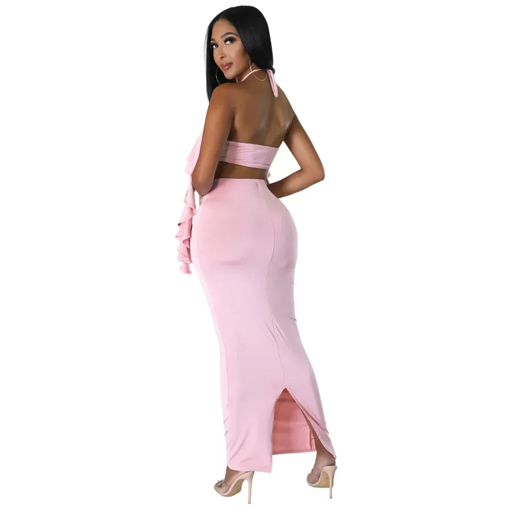 Womens Outifits Elegant Women Strapless Ruffled Top and High-waisted Slit Skirts Set Two Piece Sets Summer Sexy Split Women Sets