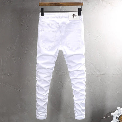 Street Fashion Men Jeans White Stretch Skinny Fit Zipper Patched Ripped Jeans Men Skull Beading Designer Hip Hop Denim Pants