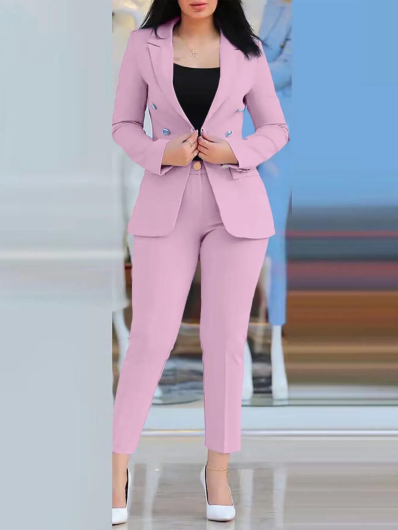 Elegant Office Lady Two Piece Sets New Autumn Winter Women Fashion Notched Neck Long Sleeve Blazer & High Waist Work Pants Suit