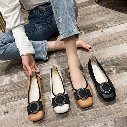 Plus size 43 44 Women Ballet Flats Leather Shoes Sweet bowknot Ladies softy sole round Toe Pumps Office Lady Big Size Loafers