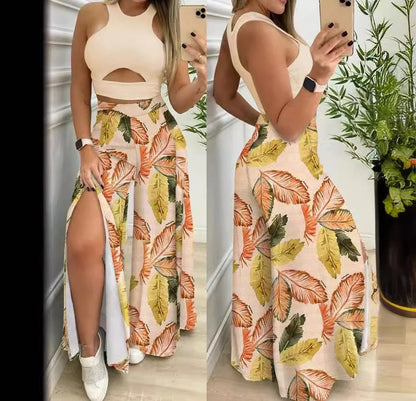 Two Piece Sets Womens Outifits 2024 Summer Print Temperament Sleeveless Slim Top & Casual High Waist Fashion Wide Leg Pants Set