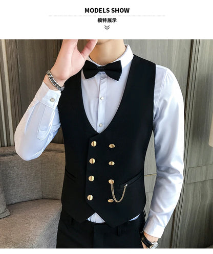 2025 Latest Style Double Breasted Men Suit Vest Gold Button Slim Fit Formal Groom Wedding Vest Streetwear Sleeveless Vest Jacket