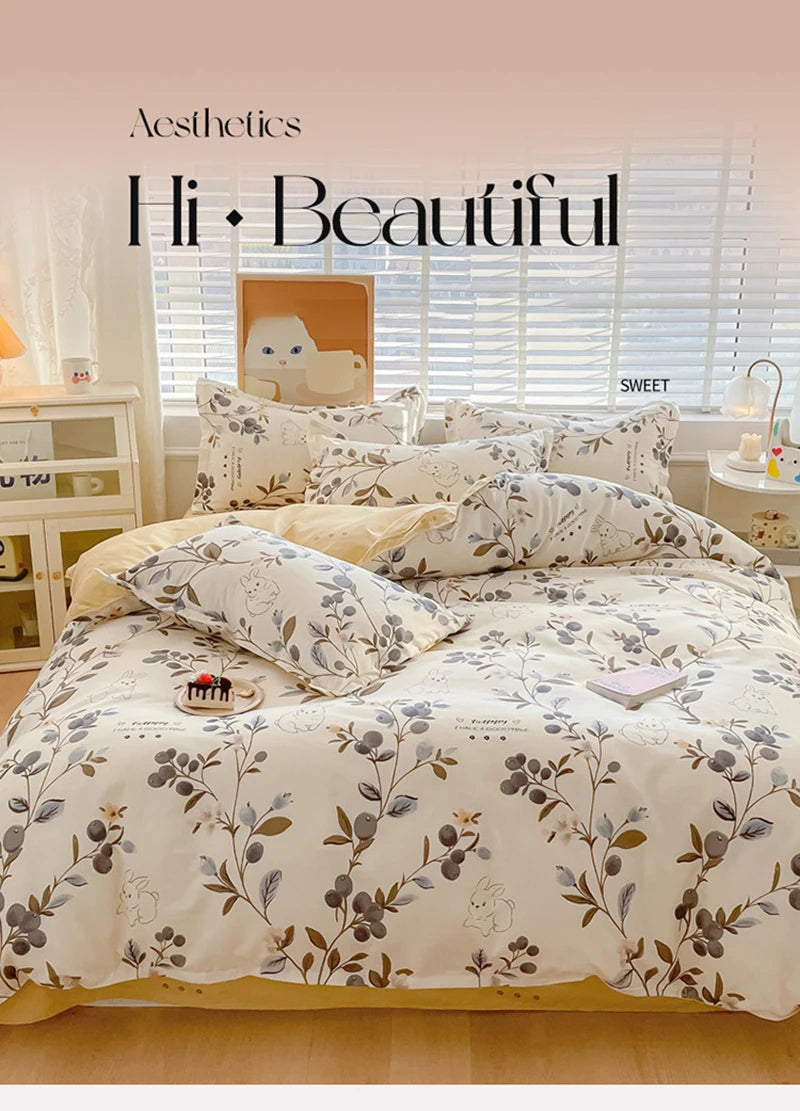 Cute Home Comforter Bedding Sets Washed Cotton Duvet Cover Flat Bed Sheet Set Twin Full Queen King Size Bed For Girls Couple