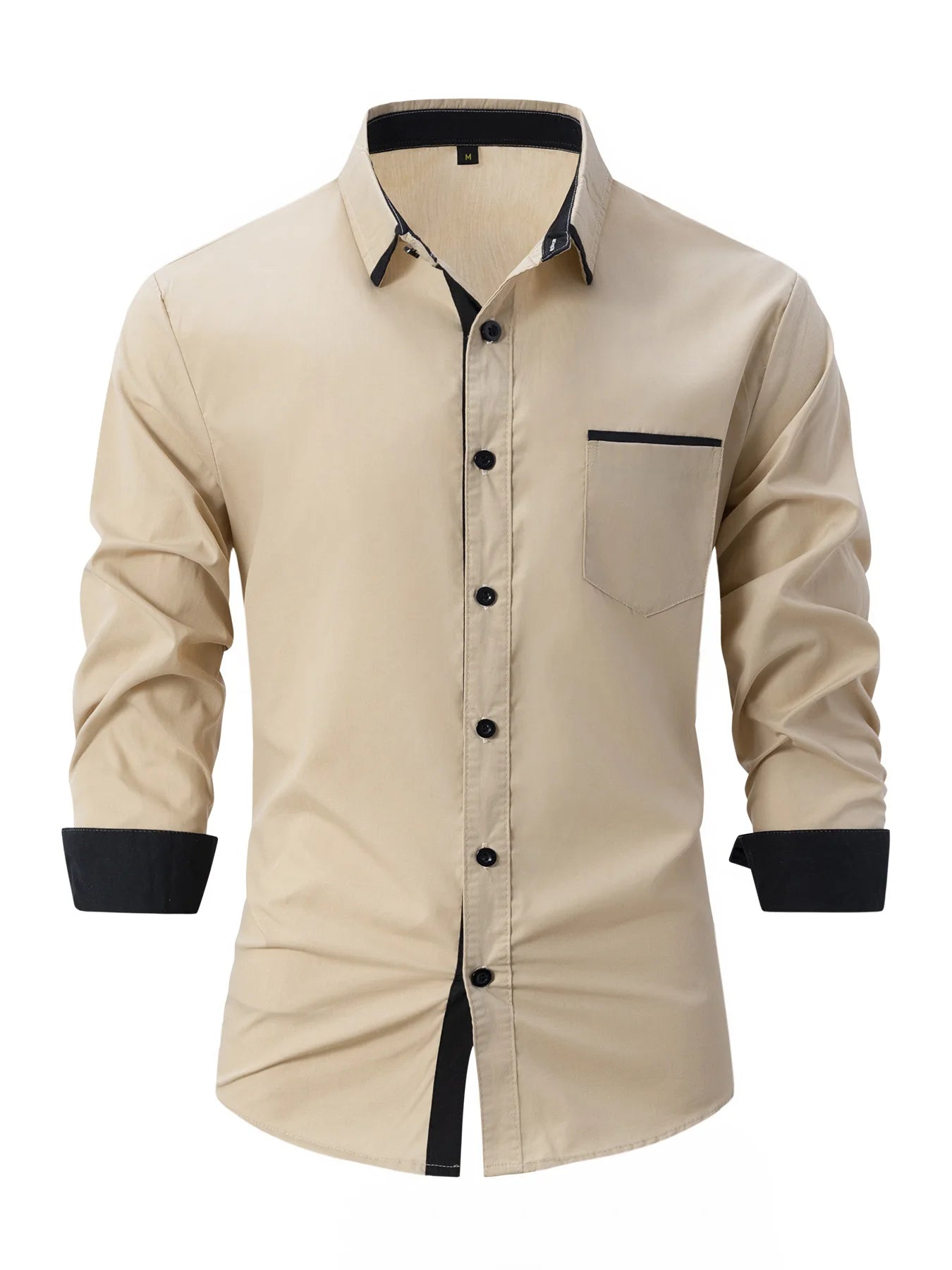 Men's Slim-Fit Casual Shirt Trendy Solid Color Long Sleeve Business Lapel Cotton Shirt with Pocket for Spring Autumn