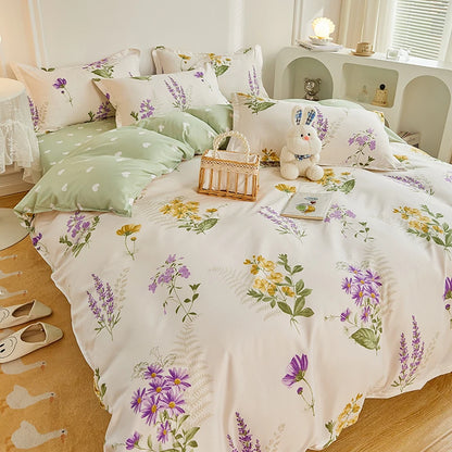 4 Pieces Bedding Set Country Romantic Lavender Flower Duvet Cover Set Purple Yellow Floral Quilt Cover Microfiber Bedspread Set