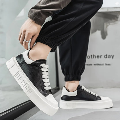 HKDQ Fashion Design White Sneakers Men Comfortable Leather Low-cut Platform Sneakers Men Trend Casual Lace-up Men's Skate Shoes