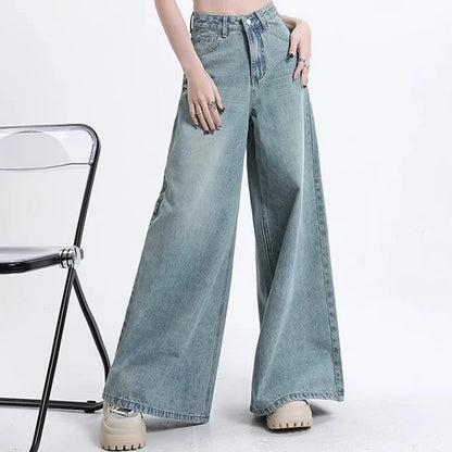 Women High Waist Korean Slacks Wide Leg Jeans Girls Punk 90s Vintage Denim Straight Leg Pants Female Light Blue Baggy Trousers