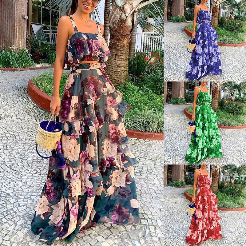 BAMBOOBOY 2 Piece Set Women Stylish Floral Elegant Printed Sleeveless Short Top+Loose High Waist Pleated Long Skirt Sets