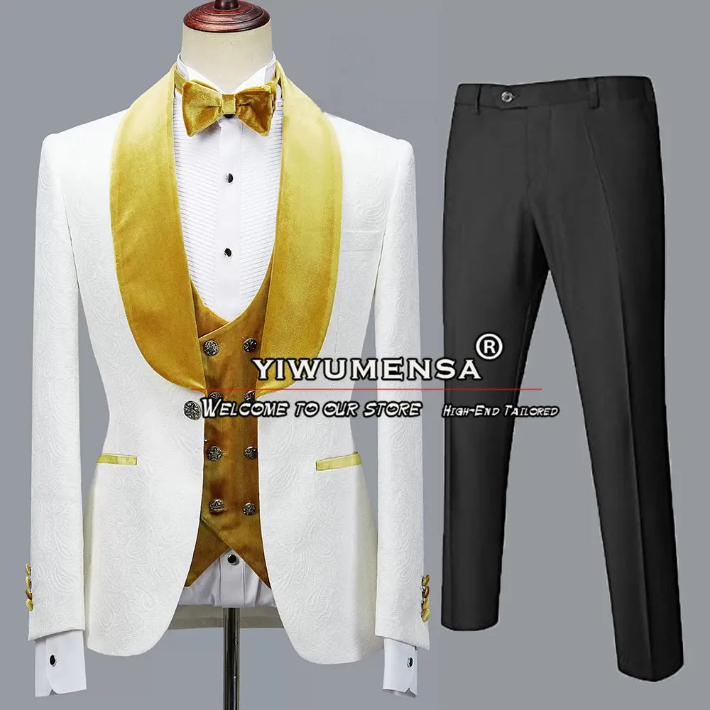 Latest Men Suits White Jacquard Black Velvet Lapel Blazer Sets Formal Wedding Groomsman Tuxedo Tailor-Made Man Marriage Clothing